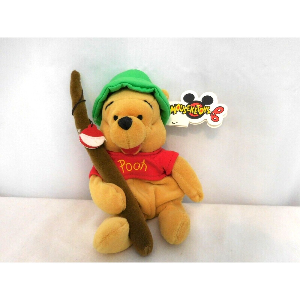 Disney  Winnie The Pooh Mini Bean Bag Fishing Pooh 8" Beanie Rare Tag Mouseketoy